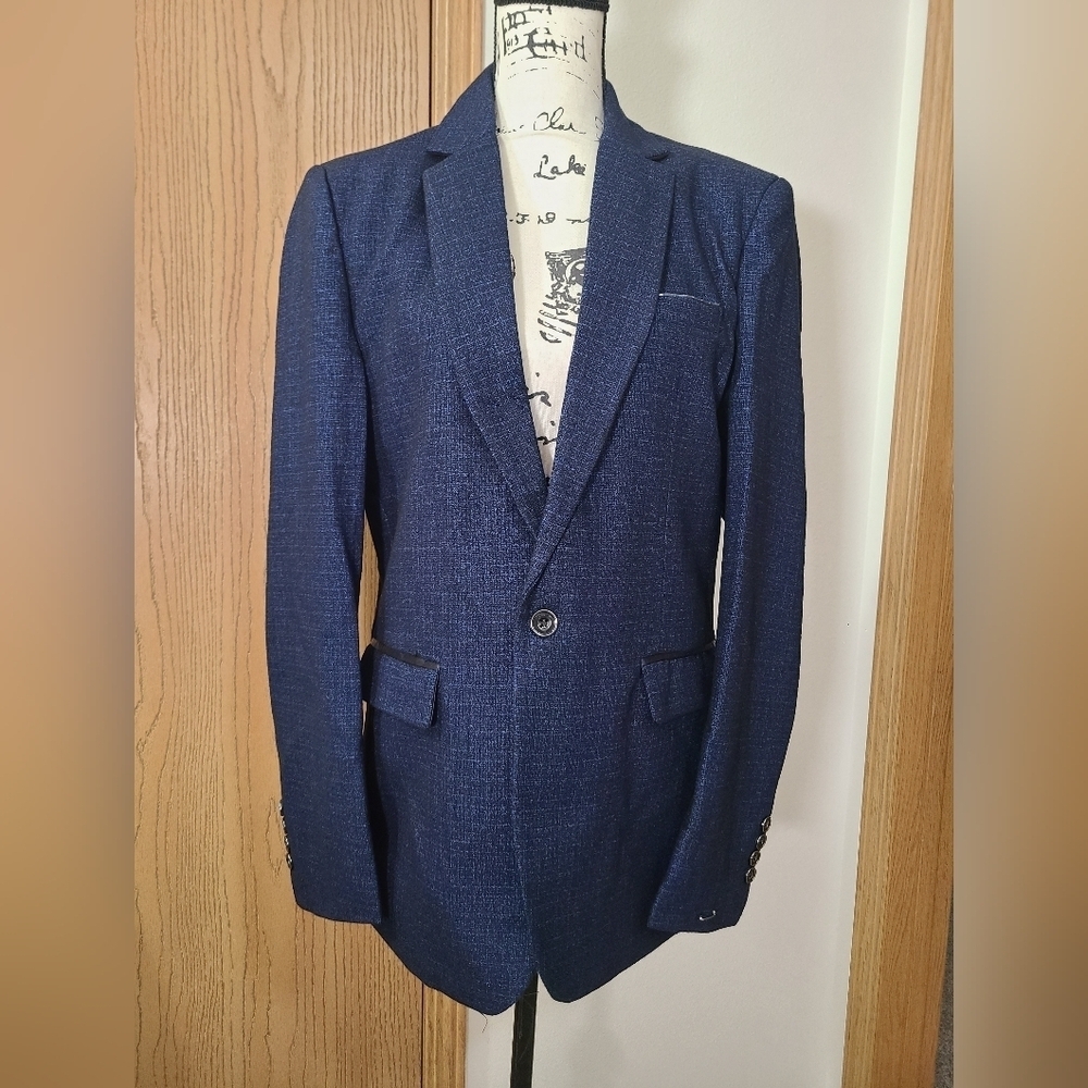 New Blue Black Tweed Print Textured Suit Jacket